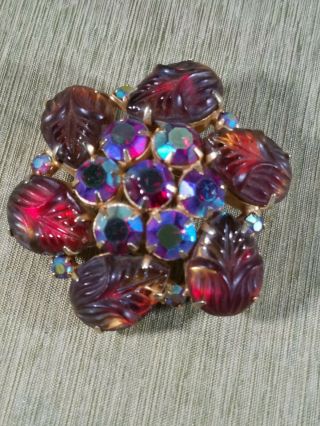 Rare Vintage Pear Shaped Scarabs And Ruby Red Ab Rhinestone Brooch Pin