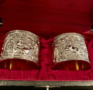 Vintage Japanese Set Of 2 Embossed Silverplated And Brass Napkin Rings