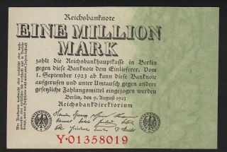 1923 1 Million Mark Germany Old Vintage Paper Money Banknote Currency P 101 Unc