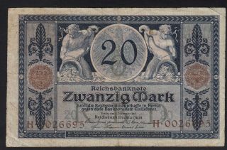 1915 20 Mark Wwi German Rare Old Vintage Paper Money Banknote Currency P 63 Vf