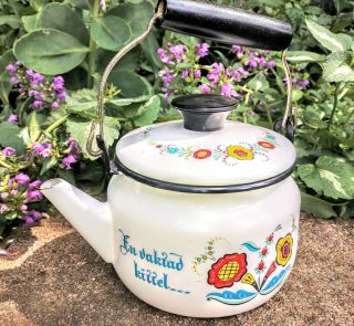 Vintage Enamel Teapot Kettle Swedish Berggren En Vaktad Kittel Blir Aldrig Brand