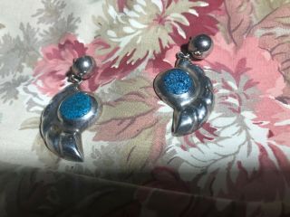 Vintage.  925 Silver Pierced Earrings With Turquoise Stone - Large - - Mexico