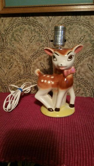 Vintage C 1950 Bambi Deer Fawn Animal Ceramic Pottery Nursery Lamp