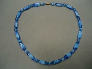 Vintage /art Deco 1920s Czech Or German Blue White Swirl Art Glass Bead Necklace