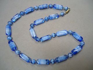 Vintage /Art Deco 1920s Czech Or German Blue White Swirl Art Glass Bead Necklace 3