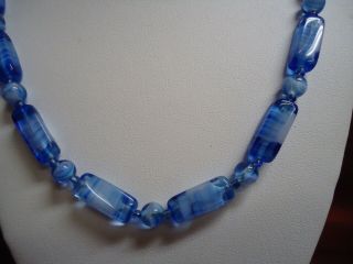 Vintage /Art Deco 1920s Czech Or German Blue White Swirl Art Glass Bead Necklace 7