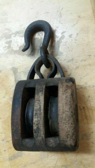 Vintage Block And Tackle Double Pulley Wood Cast / Iron