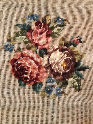 Vintage Unfinished Wool Needlepoint Picture Of Roses Paragon