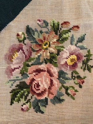 Vintage Unfinished Wool Needlepoint Picture Of Roses On Green Background
