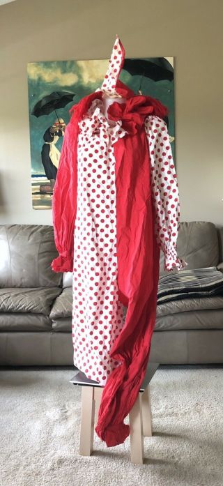 Vtg Clown Costume Adult 3 Piece Suit,  Collar,  Hat Red White Polka Dots Halloween