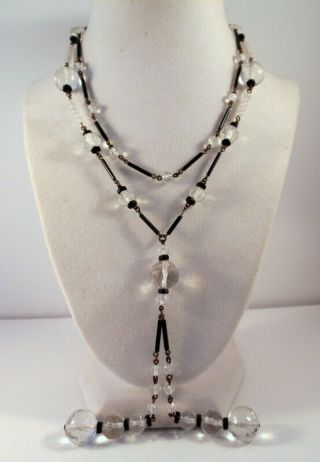 Vintage Art Deco Black/clear/frosted Glass Beads Tassels Long Flapper Necklace