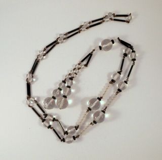 Vintage Art Deco Black/Clear/Frosted Glass Beads Tassels Long Flapper Necklace 2