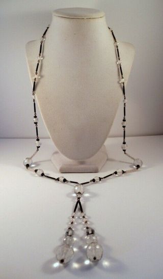 Vintage Art Deco Black/Clear/Frosted Glass Beads Tassels Long Flapper Necklace 3