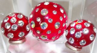Vintage Mid - Century Red Lucite Ring & Clip On Earrings With Sparkly Rhinestones