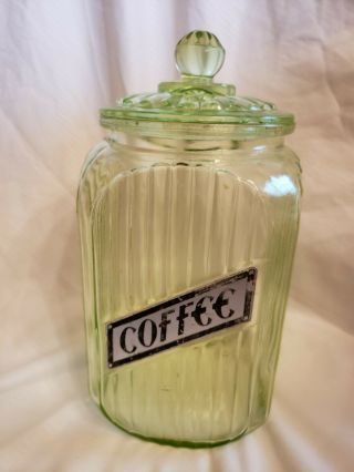Rare Vintage Green Vaseline Depression Glass Coffee Canister.