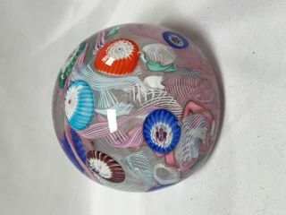 Vintage Latticino Millefiori Glass Paperweight With Blue,  Pink And White Ribbon