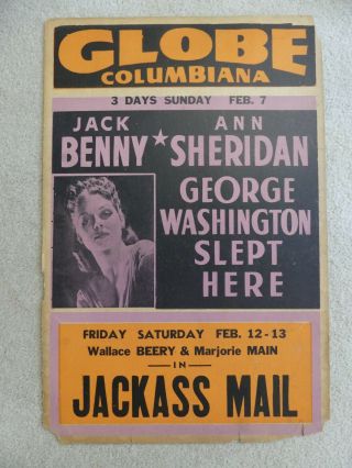 Vintage 1943 Globe Theatre Columbiana Ohio Lobby Card Jack Benny & Ann Sheridan