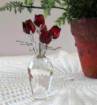 Vintage 2003 Swarovski Crystal Bottle Stopper 6 Red Roses Silver Leaves