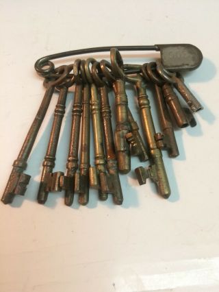 Large Brass Safety Pin & 12 Brass Vintage Skeleton Keys