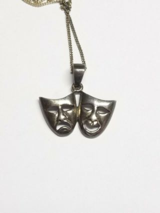 Vintage 925 Sterling Silver Theater Comedy Tragedy Masks Pendant Necklace