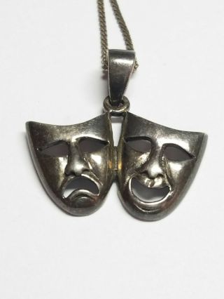 Vintage 925 Sterling Silver Theater Comedy Tragedy Masks Pendant Necklace 2