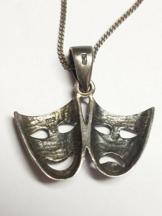 Vintage 925 Sterling Silver Theater Comedy Tragedy Masks Pendant Necklace 3