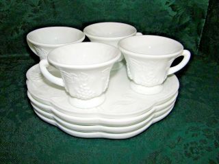 Set of 4 Vintage White Milk Glass Snack Plate and Cup With Grape Pattern 3