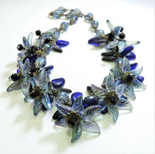 Vintage Blue Iridescent Flowers Lampwork Art Glass Bead Necklace Au19231
