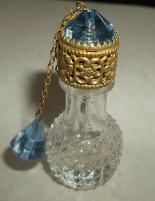 Vtg Miniature Irice Blue Jeweled Top Perfume Bottle W Bauble - Czechoslovakia