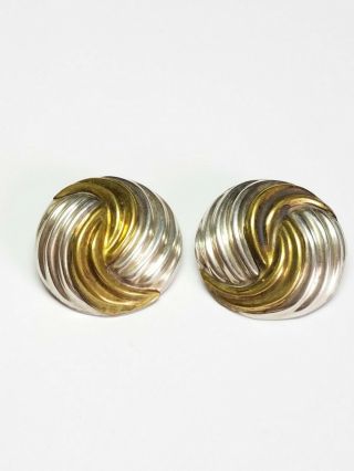 Vintage Modernist Laton Mexico 925 Sterling Silver Round Swirl Clip On Earrings