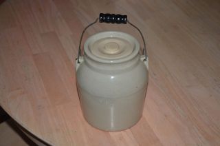 Vintage 7” Tall Glazed Stoneware Crock Jar Jug Wood Handle W/ Lid Old Rustic