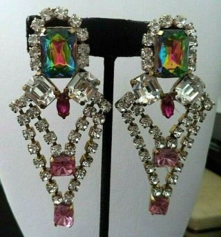 Vintage Signed Bijoux Mg Heliotrope Pink Rhinestone 3 3/8 " Post Earrings G783o