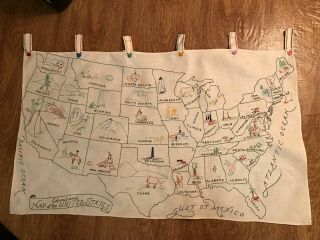 Vtg 1940s Linen Outline Map 28x17 United States Embroider Curtain Wall Hanging
