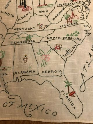 VTG 1940s LINEN OUTLINE MAP 28x17 UNITED STATES EMBROIDER CURTAIN WALL HANGING 2