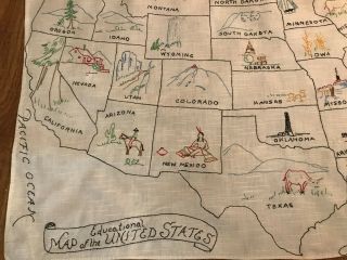 VTG 1940s LINEN OUTLINE MAP 28x17 UNITED STATES EMBROIDER CURTAIN WALL HANGING 4