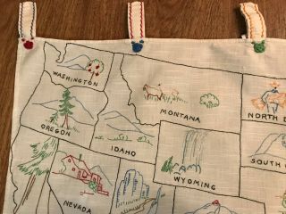 VTG 1940s LINEN OUTLINE MAP 28x17 UNITED STATES EMBROIDER CURTAIN WALL HANGING 5