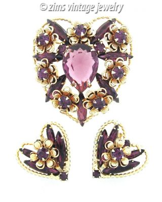 Vintage Weiss Gold Purple Rhinestone Floral Heart Flower Pin Brooch Earrings Set
