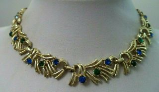 Stunning Vintage Signed Coro Blue Green Rhinestone 15 1/4 " Necklace G779p