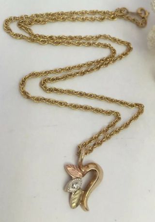 Vintage Coleman Cco 10k Black Hills Gold Diamond Heart Pendant Necklace - Gf Chain