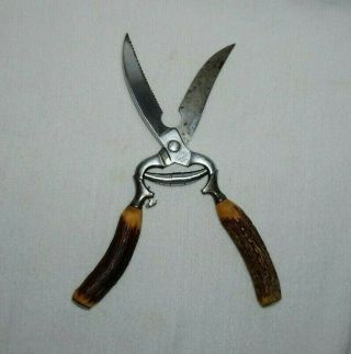 Vintage Boker Chromium Usa 11 " Poultry Shears W/stag Handles