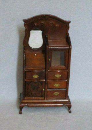 Vintage Dollhouse Miniatures Wood Armoire Hutch,  Mirror,  Glass,  Drawers Pull Out 5