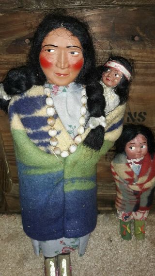 3 Antique Skookum 12 " Doll With Baby Papoose On Back And 7 " Child.