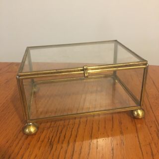 Vtg Brass & Clear Glass Footed Display Case Box For Jewelry Trinkets Miniatures