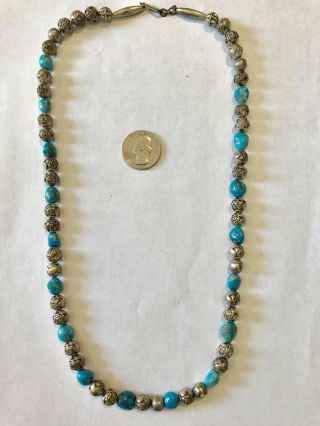Vintage Authentic Turquoise And Silver Beaded Indian Necklace 22” Long