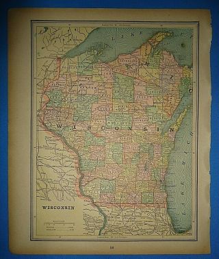 Vintage Circa 1895 Wisconsin Map Old Antique Atlas Map S&h
