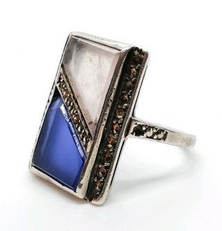 Vintage Germany Sterling Silver Rose Quartz Amethyst Marcasite Art Deco Ring
