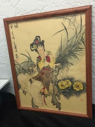 Vintage/antique Japanese Geisha Brush Painting On Silk Signed Framed 2 Seals