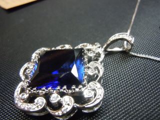 Vintage Sterling Silver Italy 18 Inch Box Chain & Blue Ruby 1 3/4 Inch Pendant