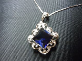VINTAGE STERLING SILVER ITALY 18 INCH BOX CHAIN & BLUE RUBY 1 3/4 INCH PENDANT 3