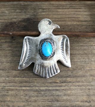 Early Vintage Navajo Sterling Silver & Turquoise Thunderbird Brooch Pin